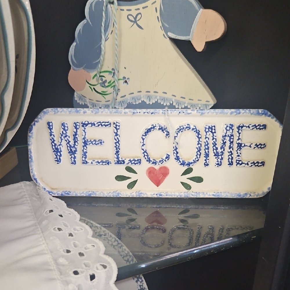 Welcome Decorative Sign - Cream and Blue Home Accent